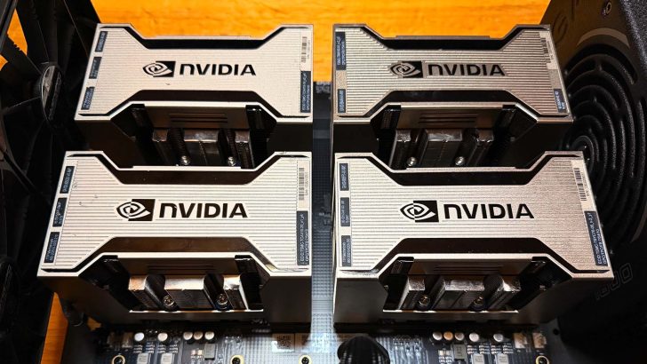 Four NVIDIA graphics cards are installed in a computer setup with visible branding and heatsinks.